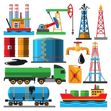 Set petrol endüstrisi üretim taşımacılığı karikatür simgeleri illüstrasyon ayıklama. Enerji işleme platformu. Petrol endüstrisi teknoloji tasarımı