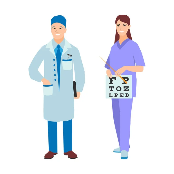 Illustration of a man and woman in uniform coat. Flat style different doctors characters. Professional cartoon pediatrician medical human worker — Stock Photo, Image
