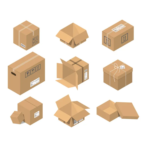 Move box service illustration. Craft empty package isolated on white background. Business relocation transportation cargo service. Shopping delivery tool