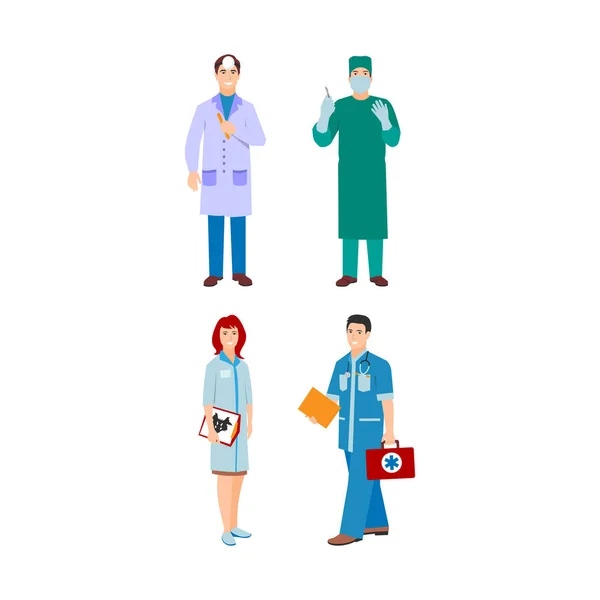 Ilustração de um homem e uma mulher de casaco azul. Estilo plano personagens médicos diferentes. Profissional de desenho animado pediatra médico trabalhador humano — Fotografia de Stock