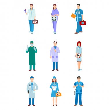 mavi ceketli bir erkek ve kadın illüstrasyon. Düz tarzı farklı doktorlar karakter. Profesyonel karikatür çocuk doktoru tıbbi insan işçi