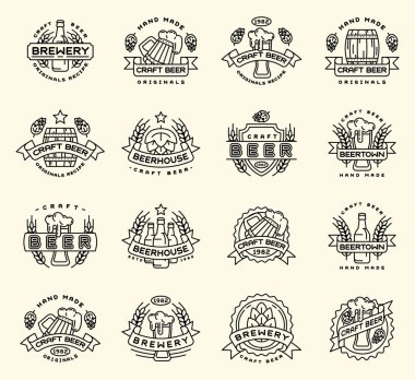 Bira logo rozetleri vintage zanaat eski moda içki bira şişeleri şirket logo tip simgeler illüstrasyon izole