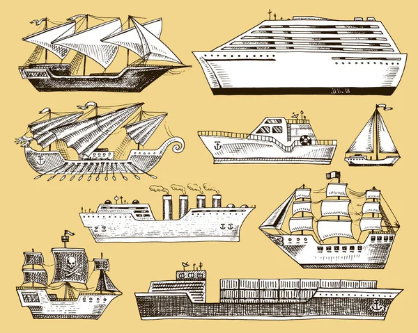 Lodní člun plachetnice nebo osobní parník a výkonný motorový člun nebo ponorka na motorce a na jachtě, ilustrace izolovaná na pozadí — Stock fotografie
