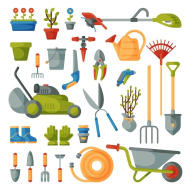 Bahçe aracı bahçe ekipmanları tırmık veya kürek ve bahçe çiftlik koleksiyonu veya tarım seti illüstrasyon beyaz arka plan üzerinde izole çim biçme makinesi