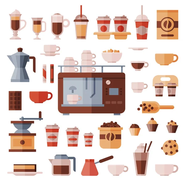Kaffeset kaffe med coffeecups för varm espresso eller cappuccino och drycker med koffein i plastkoppar takeaway i Coffeeshop illustration isolerad på vit bakgrund — Stockfoto
