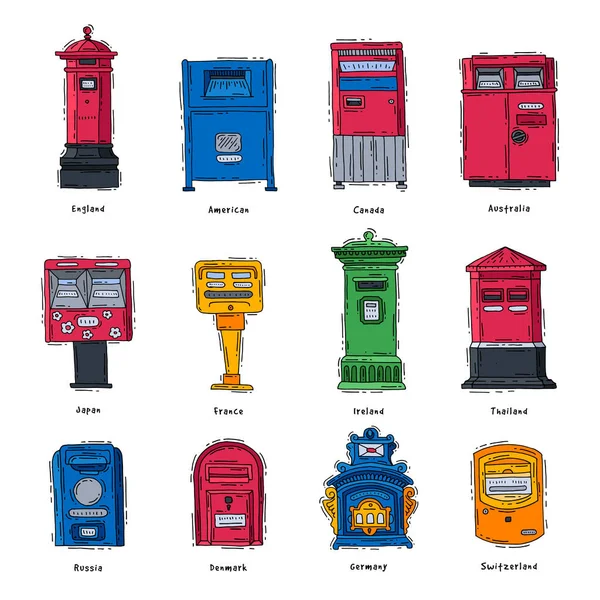 Mail box post or postal letterbox of England America Europe or Asia mailer and postboxes for delivery mailed letters to various countries set illustration isolated on white background — Stock Photo, Image