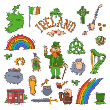 Patrics yeşil şapka ve bira illüstrasyon beyaz arka plan üzerinde izole ayarlanmış saintpatrick kutlama yonca yaprağı sembolü leprechaun ile İrlanda İrlandalı aziz patrick tatil