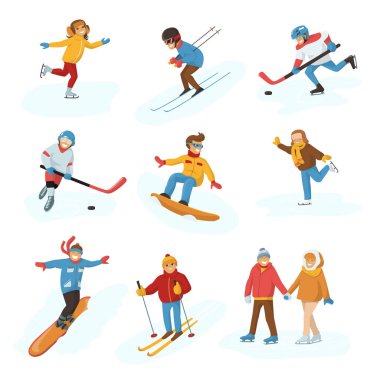 Kış sporu aktivite insanlar oyunlar karikatür erkek ve kız eğlenceli soğuk sporcular kış mutlu illüstrasyon izole tatil insanlar tatil spor aktivite kayak, gökyüzü, hokey ve snowboard