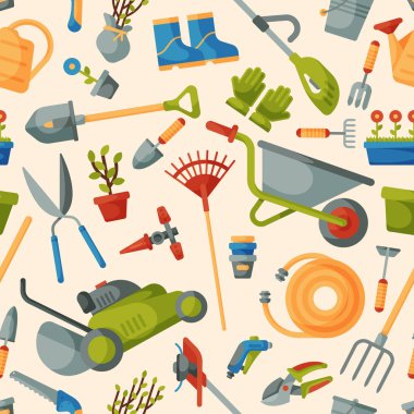 Bahçe takım bahçe ekipmanları tırmık veya kürek ve bahçe çiftlik koleksiyonu veya tarım seti illüstrasyon dikişsiz desen arka plan çim biçme makinesi