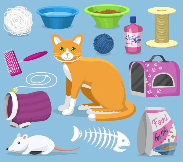 Cat toys pets accessories for pussycats care or playing kitten bowl and animal grooming tools kitty brush illustration feline set isolated on background — Stock Photo, Image