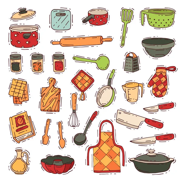 厨房用具炊具烹饪和厨房用具或餐具厨房插画餐具在小厨房设置隔离在白色背景 — 图库照片