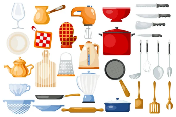Utensilios de cocina utensilios de cocina para cocinar y utensilios de cocina o cubiertos para cocina ilustración vajilla en juego de cocina aislado sobre fondo blanco —  Fotos de Stock