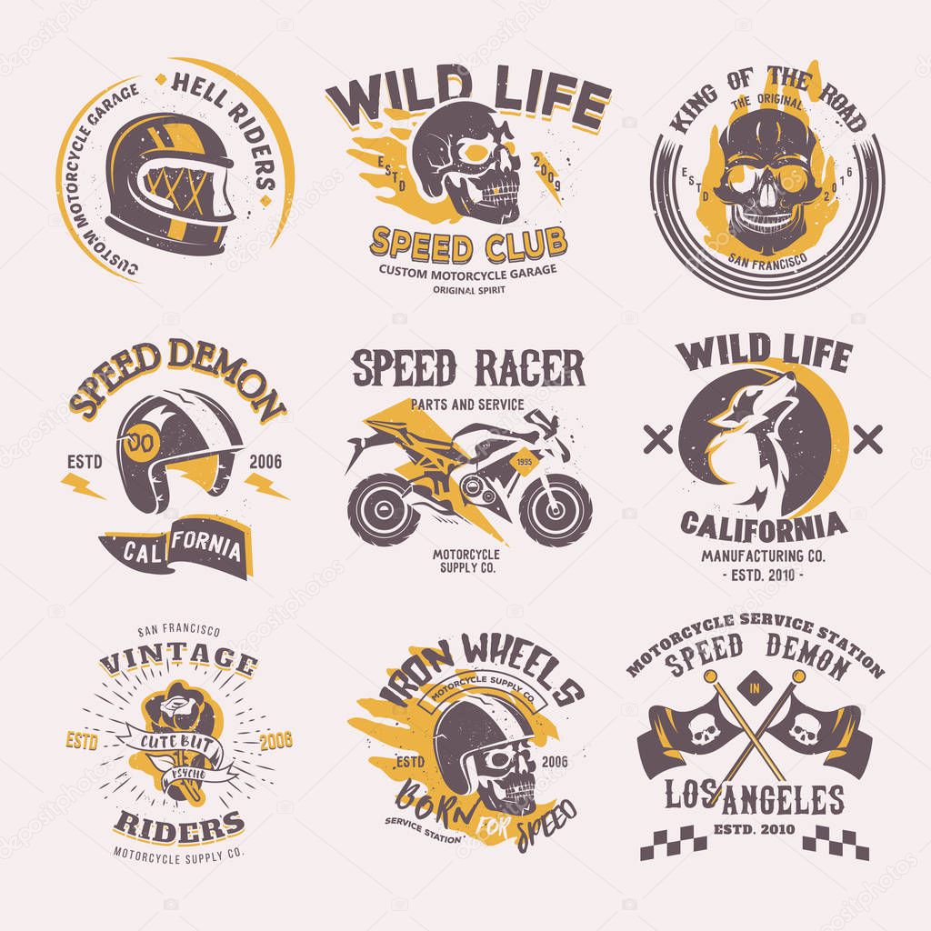 Biker logo rider on motorcycle or bike and speed motorcyclist racer on logotype motor emblem illustration racing set isolated on white background.