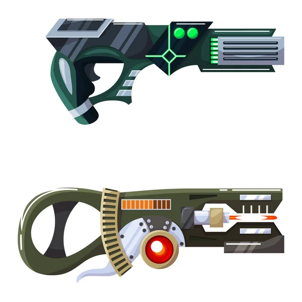 Broń przestrzeń kosmiczna pistolet Blaster Laser Gun z futurystycznym pistoletu i fantastycznym Raygun cudzoziemców w przestrzeni ilustracji zestaw dzieci pistoletów kreskówek na białym tle — Wektor stockowy