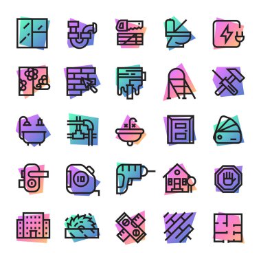 Bina ve onarım evi illüstrasyon yapıcı ekipman için inşaat simgeleri inşaat araçları beyaz arka plan üzerinde izole ev seti inşa etmek