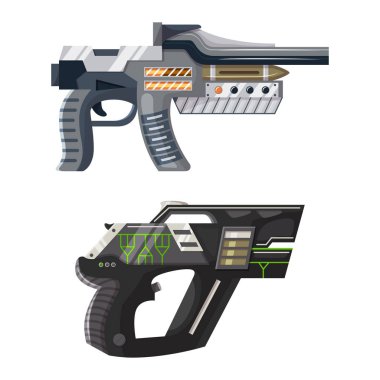 Fütüristik tabanca ve uzay illüstrasyon çocuk karikatür tabanca beyaz arka plan üzerinde izole seti uzaylıların fantastik ışın tabanca ile Silah vektör uzay silahı blaster lazer tabanca