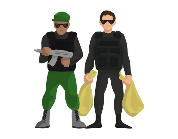 Security money collector guardian crime people with weapon standing vector illustration. Bank bodyguard uniform protection officer flat style secure event male in sunglasses with gun and money bags — Stock Vector