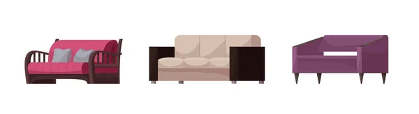 Sofa vector modern meubilair Couch zetel gemeubileerd interieur van de woonkamer in appartement huis illustratie inrichting isometrische set van moderne fauteuil sofa-bed bank geïsoleerd op witte achtergrond — Stockvector
