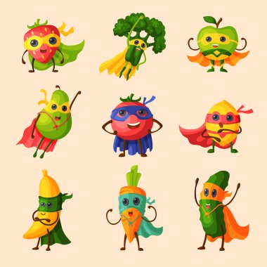 Eğlenceli süper kahraman elma karakter karikatür ifade sebze eğlence meyve lezzetli maske, muz ve biber