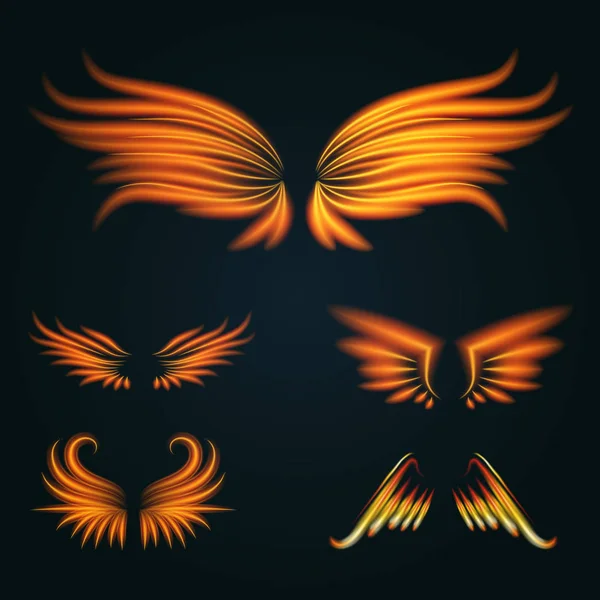 Asas de fogo pássaro fantasia pena queima mosca místico brilho fogo queimar asas de arte quente ilustração em preto . — Fotografia de Stock