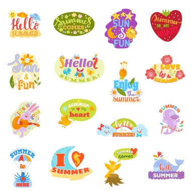 Merhaba Yaz tipografik logo arka plan ile işareti. Deniz bitkileri, güneş, plaj, güneş gözlüğü, kuşlar deniz ve seyahat vektör illüstrasyon. Holliday i yaz logosu simgeleri güneş ve eğlenceli dinlenme seviyorum