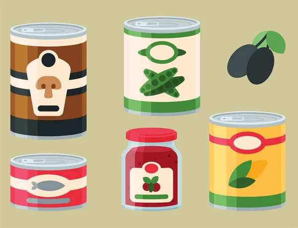 Kolekce různých konzerv potravinářských kovů a skleněnými kontejnerových nádob. — Stock fotografie