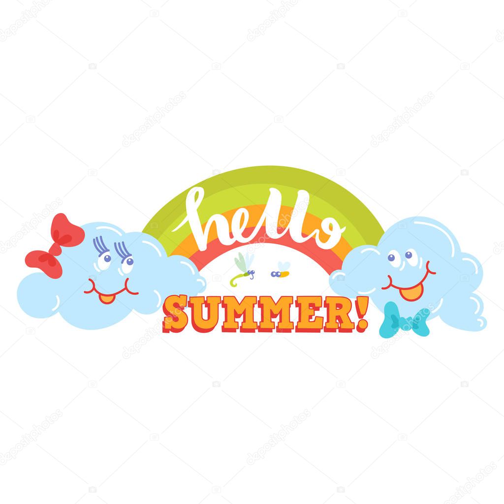 Hello Summer typographic logo sign on withe background. Sea plants, sun, beach sea and travel vector illustration. Holliday i love summer logo icons sun and fun rest