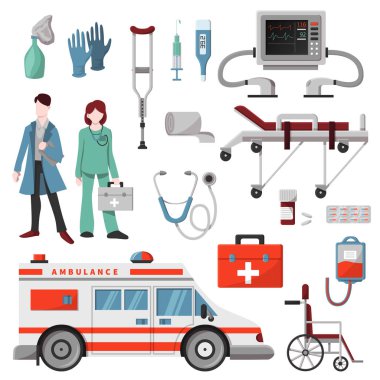 Ambulans vektör doktor karakter ambulans araba ve eczane ilaç hapları illüstrasyon medicatio ilk yardım resüsitasyon tıbbi tedavi sağlık işaretleri beyaz arka plan üzerinde izole seti