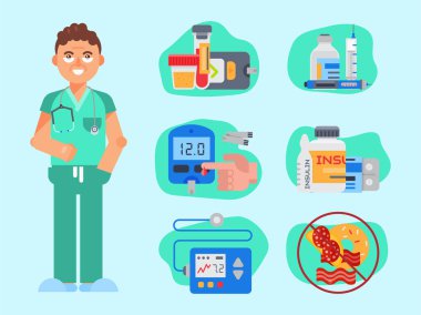 Diabetes mellitus bakım vektör illüstrasyon. Laboratuvar önlüğü doktor şeker ve insülin düzeylerinin önemi hakkında konuşmak, ve sağlık şeker hastaları için sağlıklı yaşam