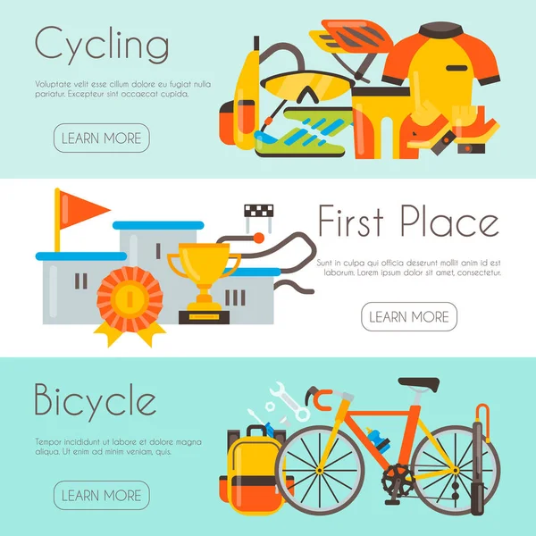 Triatlon webpaginasjabloon wieler competitie race vector illustratie. Fiets uniform, podium voor kampioen en fiets reparatie. Banner, site en poster sjabloon met plaats voor uw tekst. — Stockvector