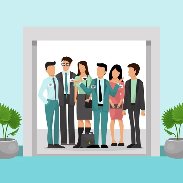 Office Business People commando in suits staan binnen lift met open deuren vector illustratie. Kantoor rondleiding voor medewerkers. Groep werknemers Clercs staande in Lift. Zakenmensen zijn Lift — Stockvector