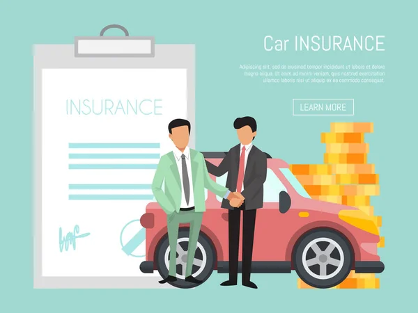 Versicherungsvertreter und Geschäftsmann schütteln sich die Hände auf dem Hintergrund des roten Autos, Stapel von Goldmünzen und große Versicherungspolice auf dem Tablet. — Stockvektor