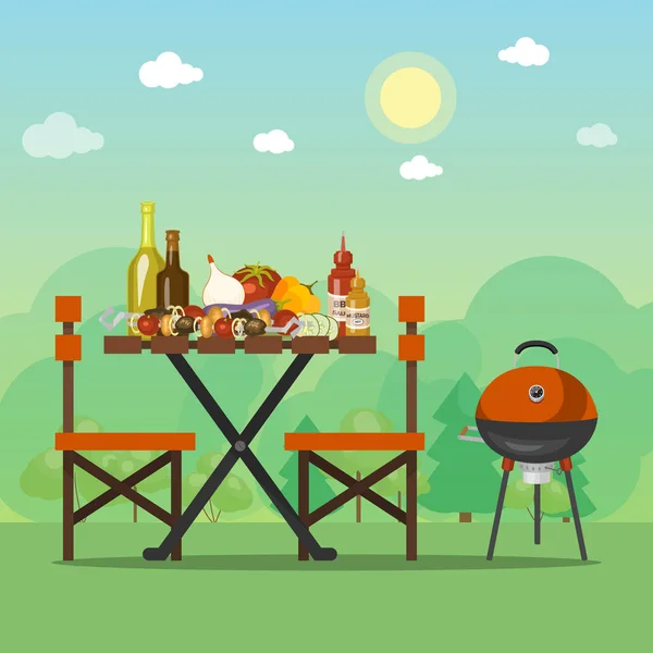 BBQ-zomer partij vector illustratie. Barbecue eten is op de houten tafel. Grill picknick met smakelijke maaltijd op het zonnige veld in de buurt van het bos — Stockvector