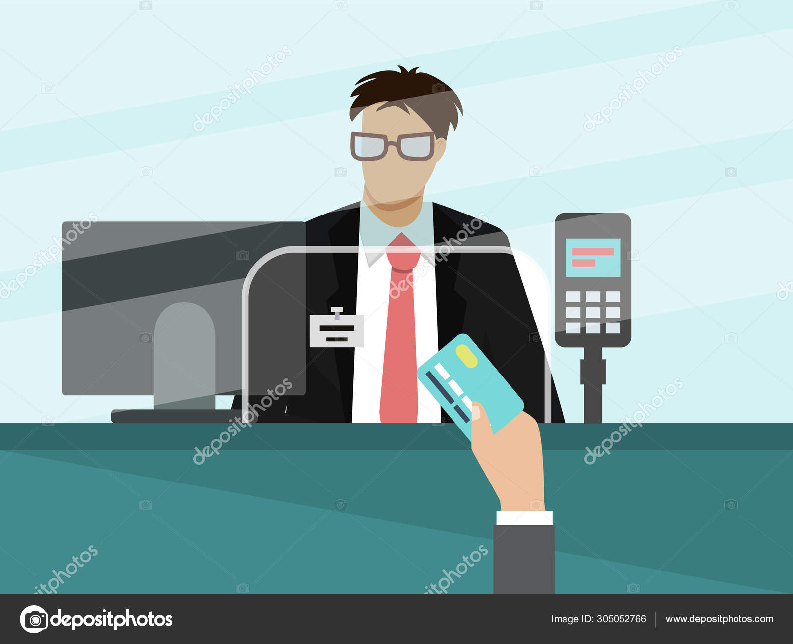 Bank cashier teller behind window vector illustration. Businessman hand  with bank card for payment in front of glass. Stock Vector Image by  ©vectordreamsmachine #305052766