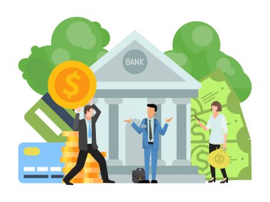 İşadamları banka binasında para ve para torbaları taşıyıp koyuyorlar. Banka vektör illüstrasyonfinansal yatırım ve fonların korunması kavramı