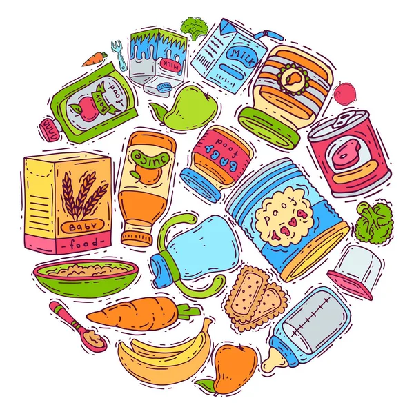 Illustration vectorielle complémentaire de cercle alimentaire bébé. Alimentation complémentaire pour les enfants de 6 à 8 mois. Biberons, pots de purée et légumes . — Image vectorielle