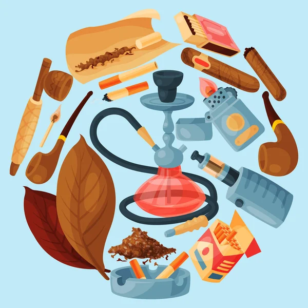 Tobacco, cigar and hookah round vector illustration. Cigars, cigarettes and tobacco leaves, pipes, ashtray and lighters all located around a hookah. Smoking accessories. — Stock Vector