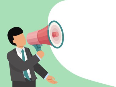 Megafon vektör illüstrasyonlu adam. İşadamı megafonla iletişim kuruyor. Bullhorn ile takım elbiseli adam kabarcık mesajı gönderiyor