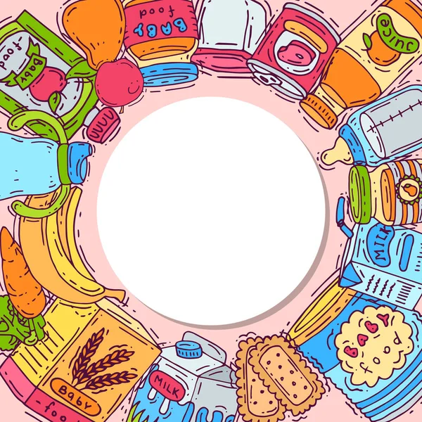 Aliments complémentaires pour bébés illustration vectorielle cercle. Biberons, pots de purée, fruits et légumes est tout autour cercle blanc avec place pour le texte . — Image vectorielle