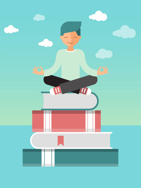 Man sitting lotus pose on stack of books with bookmarks. Self education and self control vector illustration. Educational process.