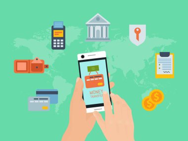 Telefon vektör illüstrasyon yoluyla Mobil ödemeler. Eller akıllı telefonu tutuyor ve bir finans işlemi yapıyor. Online bankacılık