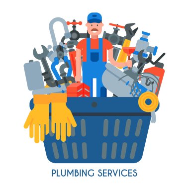 Sıhhi tesisat hizmetleri vektör illüstrasyon kümesi. Onarım ve araçları için sıhhi tesisat şeyler arasında alet durumda ve dalgıç ile Profesyonel tesisatçı adam büyük bir sepet içinde.