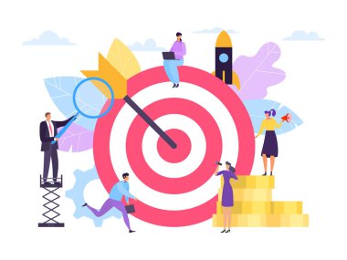 İş hedefi konsepti, başarılı takım çalışması, vektör illüstrasyonu. Erkek kadın karakter, oklu büyük çizgi film hedefinin yanında.