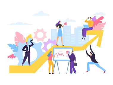 Şirketin büyüme şeması, vektör çizimi. Başarılı strateji, geliştirme ekip çalışması. Erkek kadın işçi karakteri