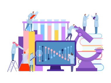 Genetik bilim laboratuarı konsepti, nükleotit araştırması, vektör çizimi. Doktorlar erkek ve kadın deneyler yapar..