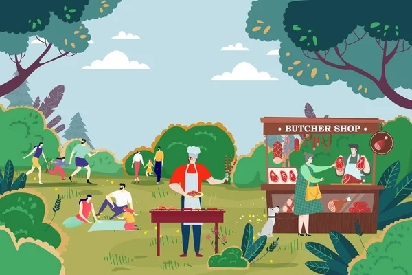 Pessoas no parque, grelhando churrasco e carne, ilustração vetorial. Desenhos animados personagem homem mulher ter feliz fim de semana juntos . — Vetor de Stock