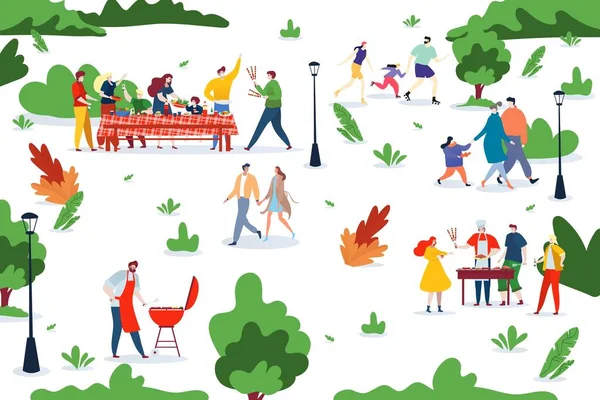 People bbq picnic at nature together, vector illustration. Character man woman eat food at park, cook meat, couple walk. — Stock Vector