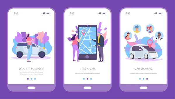 Encontre carro, transporte inteligente e conjunto de compartilhamento de carro, ilustração vetorial. Aluguer de serviço de veículo, aplicativo de smartphone online . —  Vetores de Stock