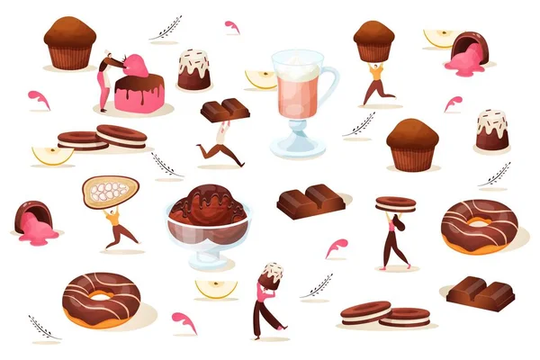Шоколадные десерты с маленьким набором людей, векторная иллюстрация. Конфеты, кексы и печенье, сладкая еда и напитки. Мужчина женщина — стоковый вектор