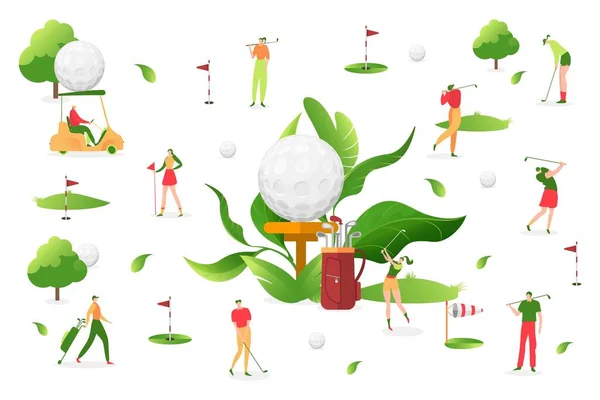 La gente juega al golf con fondo blanco, ilustración vectorial. Hombre personaje de mujer, deporte actividad al aire libre. Jugador profesional — Vector de stock
